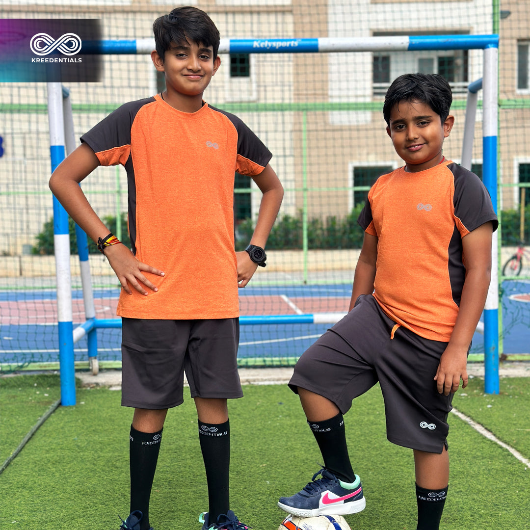 Kreedentials - Complete Melange Orange Sports Apparel Set for Kids - T-Shirt, Shorts & Socks