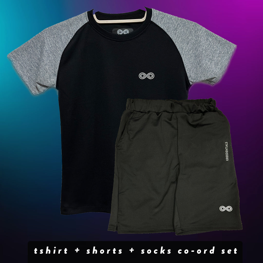 Kreedentials - Complete Grey & Black Sports Apparel Set for Kids - T-Shirt, Shorts & Socks