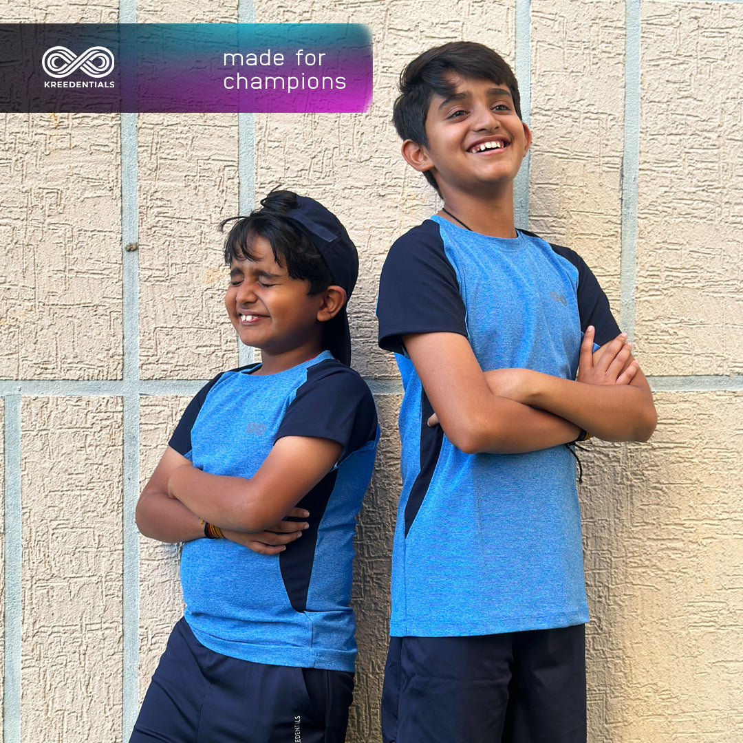 Kreedentials - Complete Melange Blue Sports Apparel Set for Kids - T-Shirt, Shorts & Socks