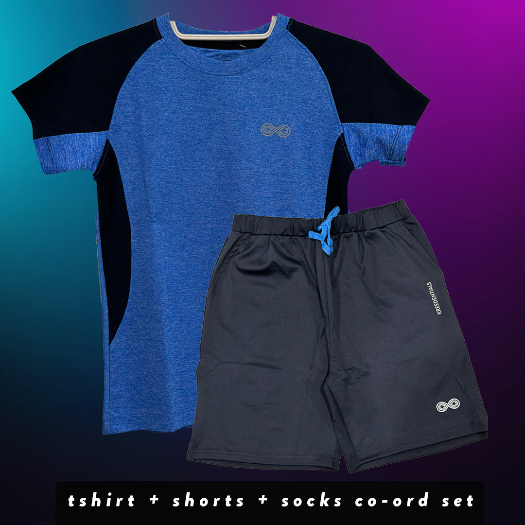 Kreedentials - Complete Melange Blue Sports Apparel Set for Kids - T-Shirt, Shorts & Socks