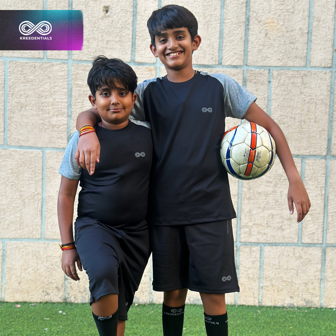 Kreedentials - Complete Grey & Black Sports Apparel Set for Kids - T-Shirt, Shorts & Socks