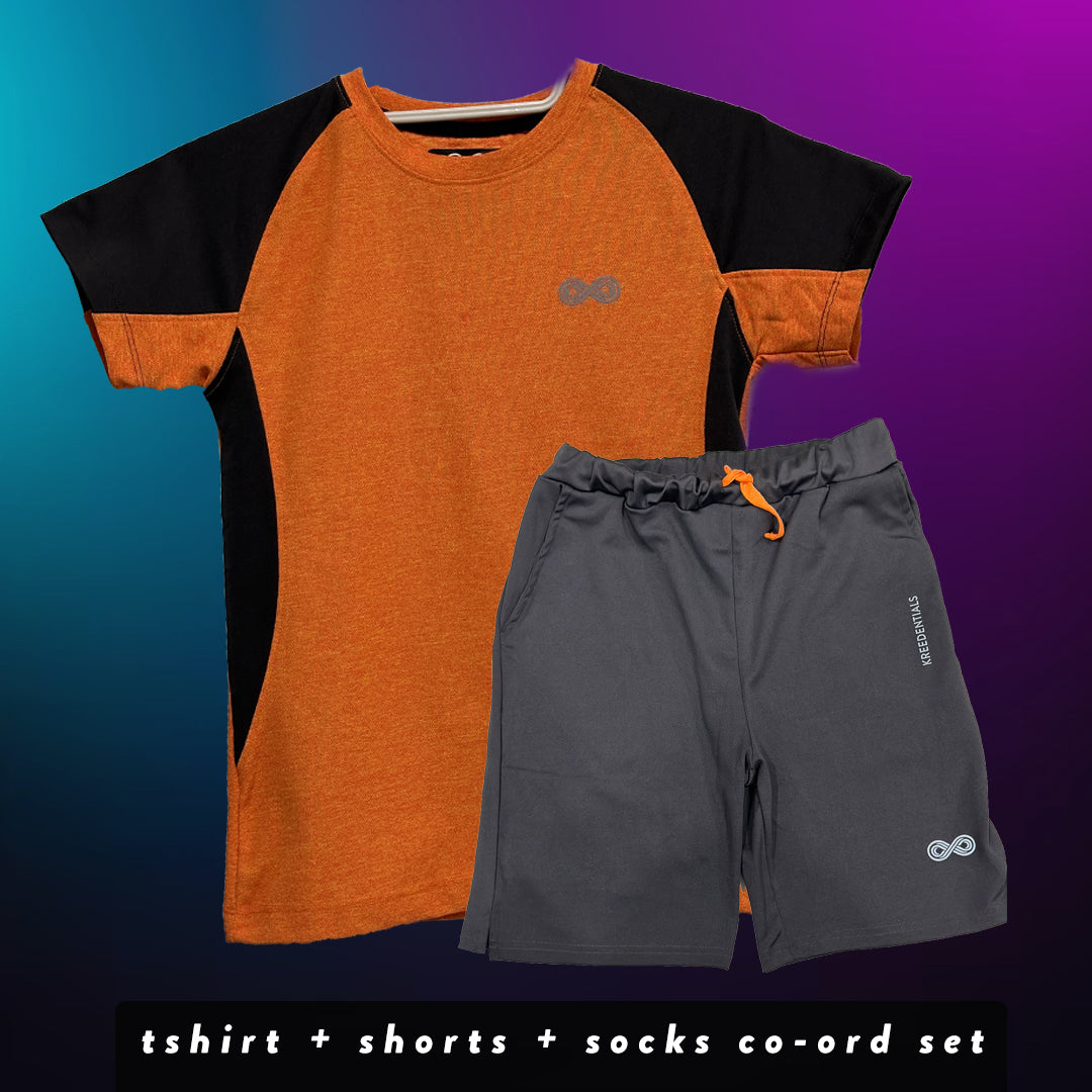 Kreedentials - Complete Melange Orange Sports Apparel Set for Kids - T-Shirt, Shorts & Socks