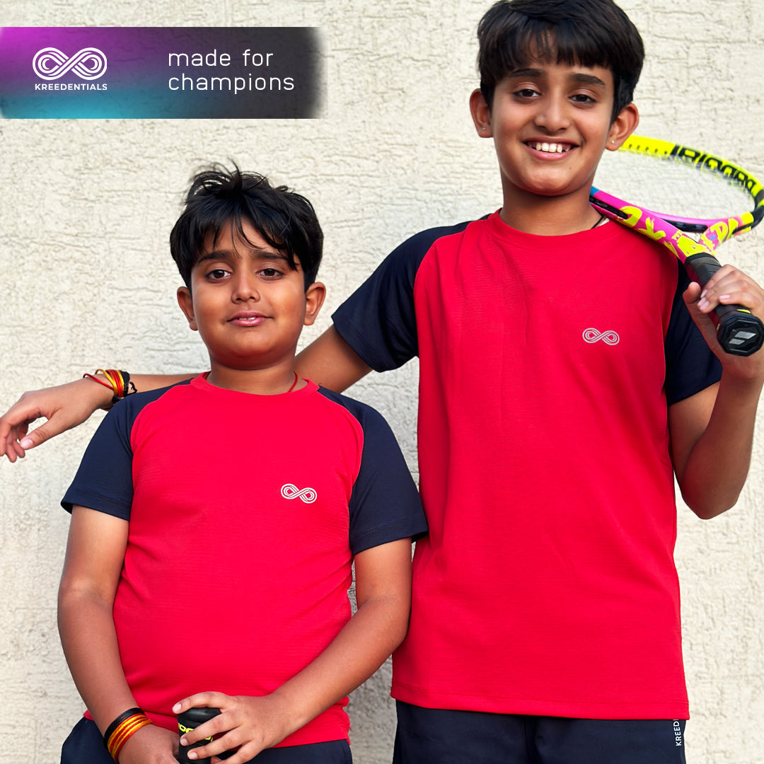 Kreedentials - Complete Red & Black Sports Apparel Set for Kids - T-Shirt, Shorts & Socks