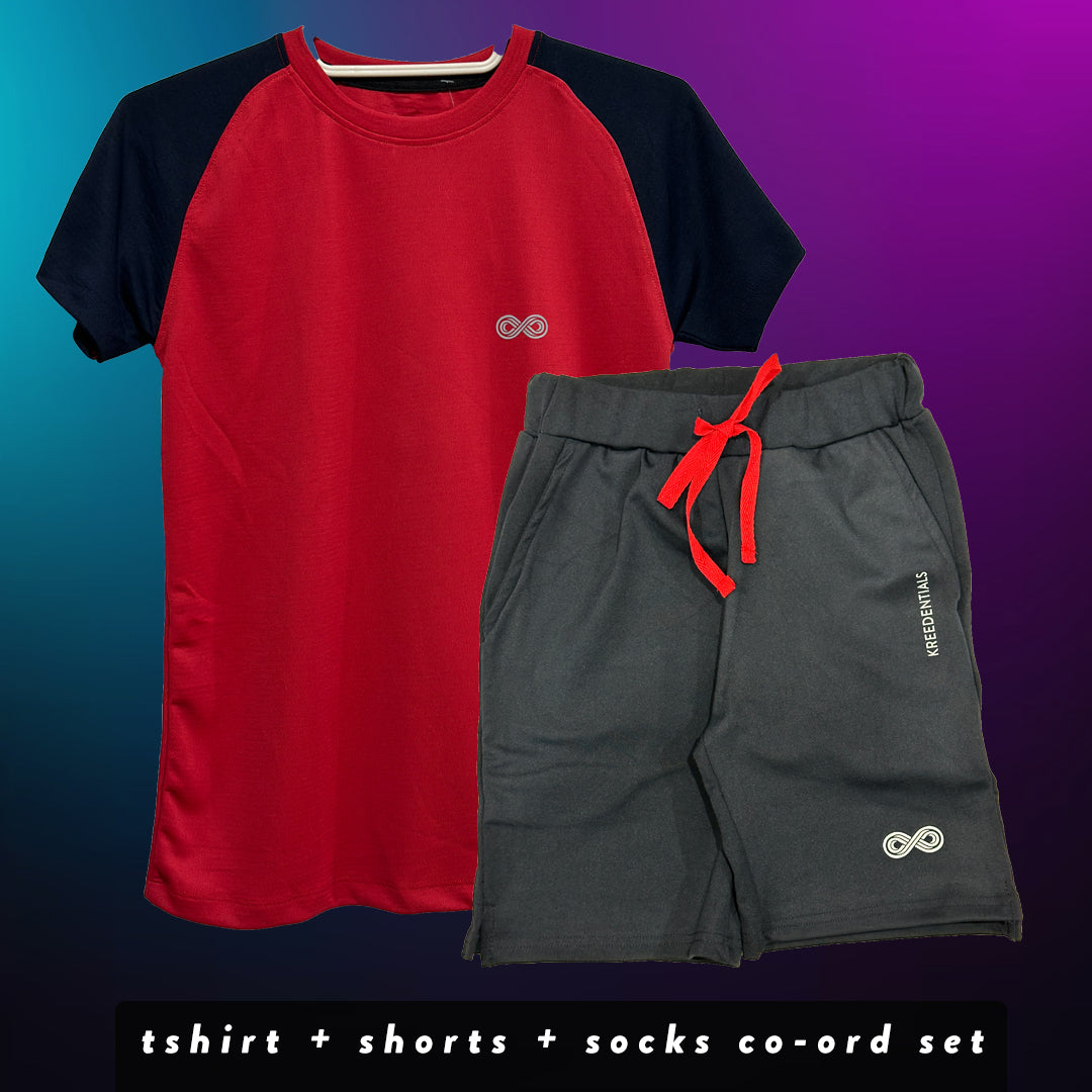 Kreedentials - Complete Red & Black Sports Apparel Set for Kids - T-Shirt, Shorts & Socks